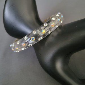 Womens Clear Lucite Fashion Bangle Bracelet Aurora Borealis Crystal Details